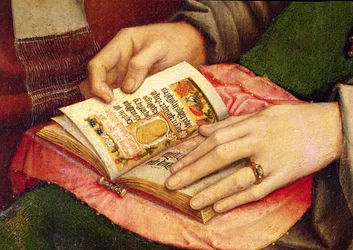 Dziewica z Dzieciątkiem ze świętymi, fragment otwartej księgi, ok.1509